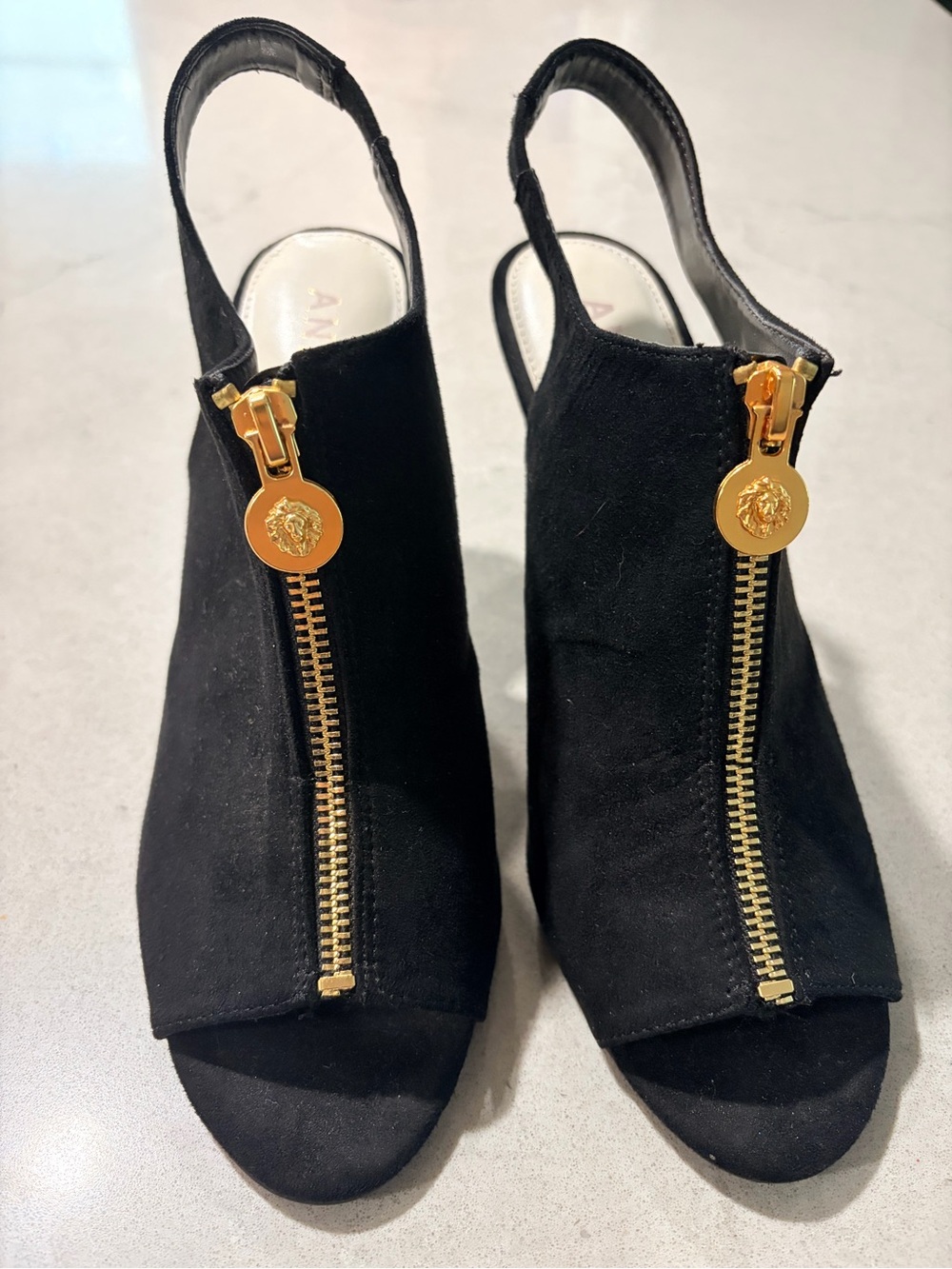 Anne Klein Black Suede Peep-Toe Slingback Heels with Gold Zipper